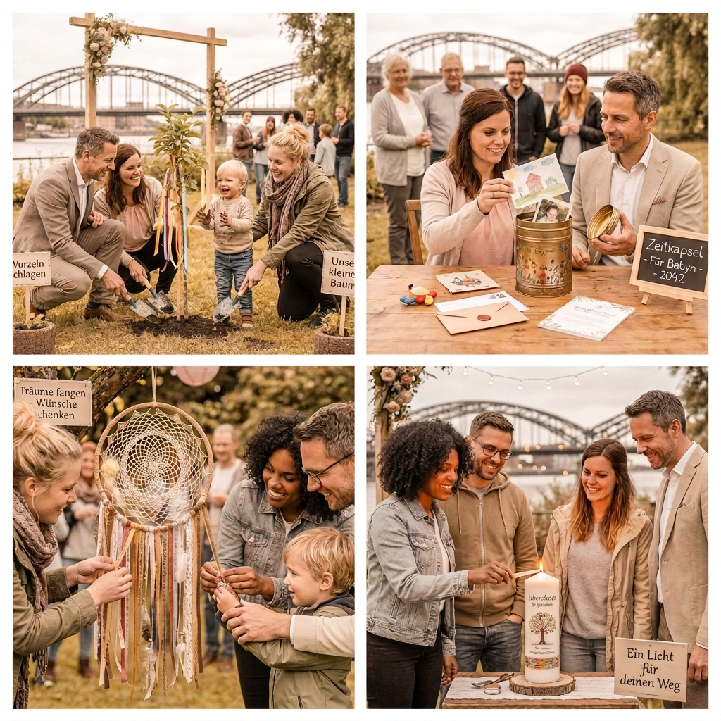 Four-panel collage of a community baby celebration with planting, keepsakes, crafts, and candlelight