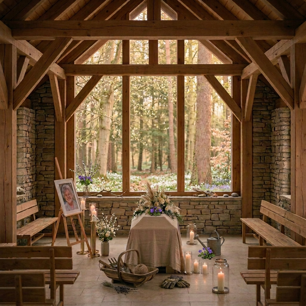 Quiet Woodland Chapel Memorial Gathering Three mourners seated beside a candlelit memorial table in a chapel